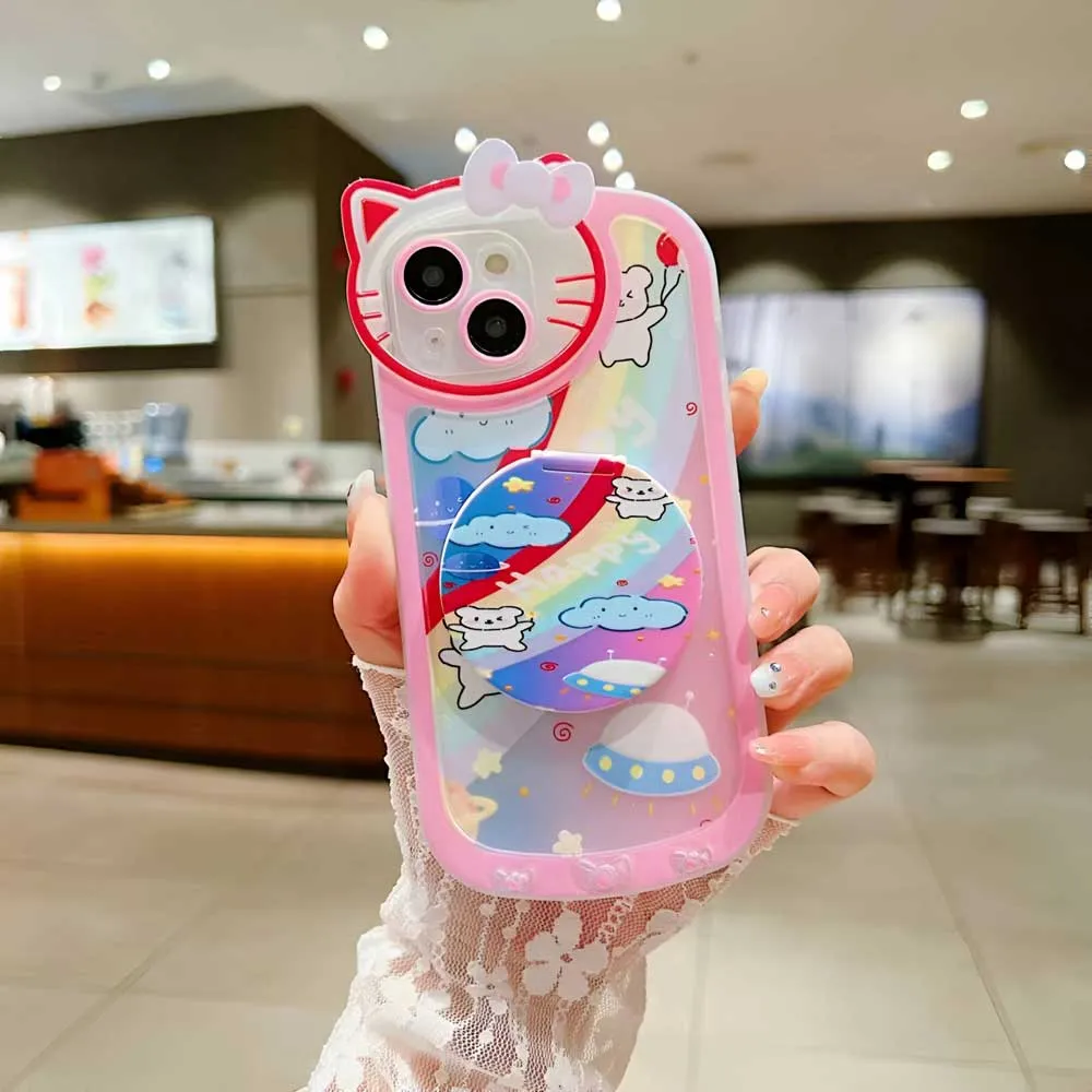 Cartoon Cat Printed TPU Camera Protection Cover with Mirror Stand - iPhone 11 Pro