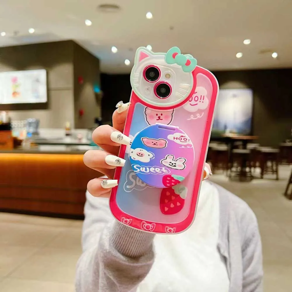 Cartoon Cat Printed TPU Camera Protection Cover with Mirror Stand - iPhone 11 Pro