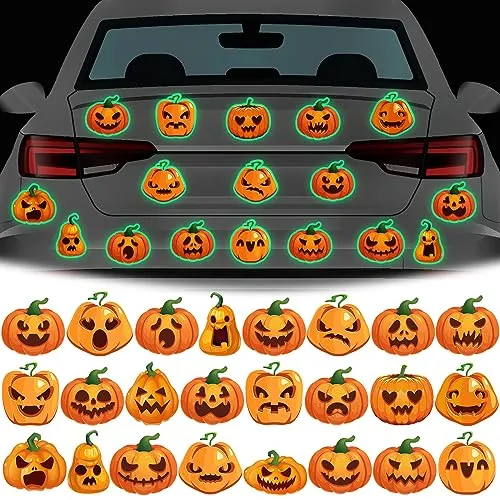 Chapou 24 Pcs Reflective Halloween Glow Car Magnets Halloween Glow Pumpkin Car Magnet Decal Set Waterproof Automotive Fall Pumpkin Magnet Party Supplies for Halloween Party