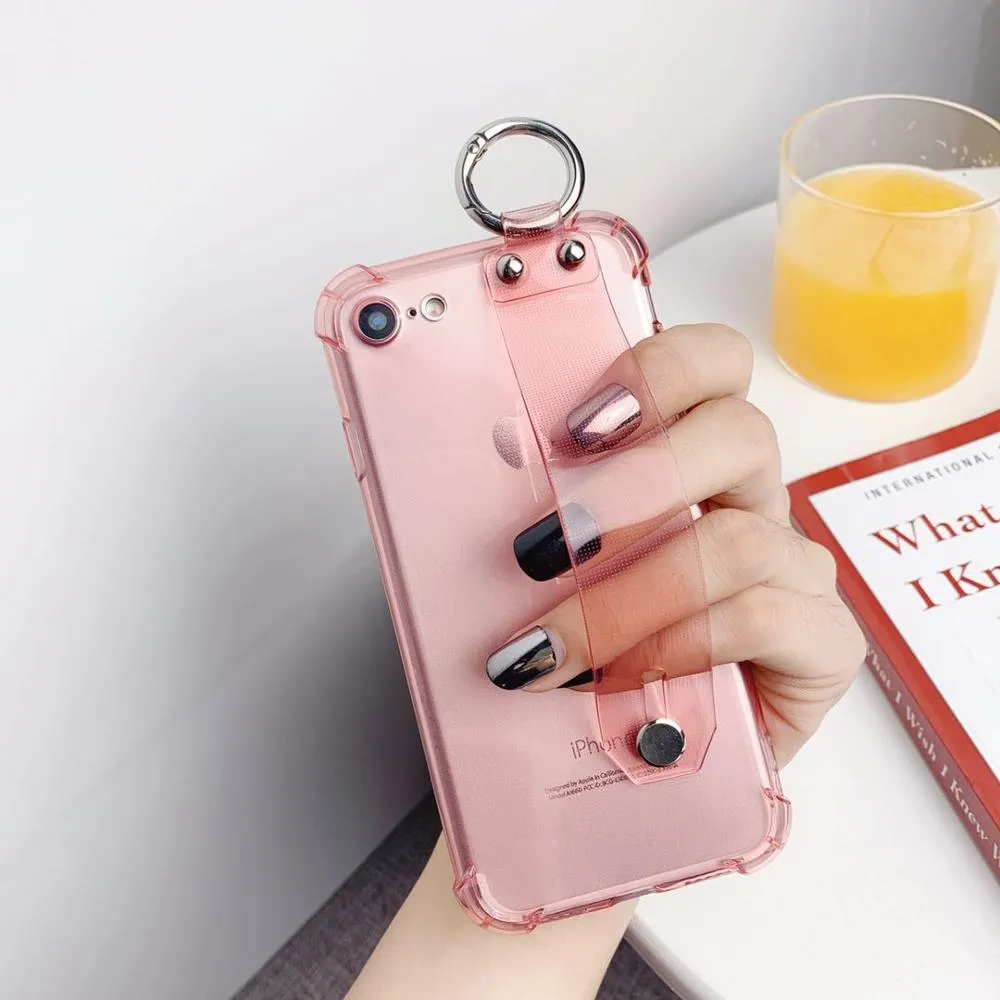 Colorful Transparent Wrist Strap Phone Case For iPhone XS Max XR Stand Holder Case For iPhone 6 6s 7 8 Plus Clear Silicone Cover