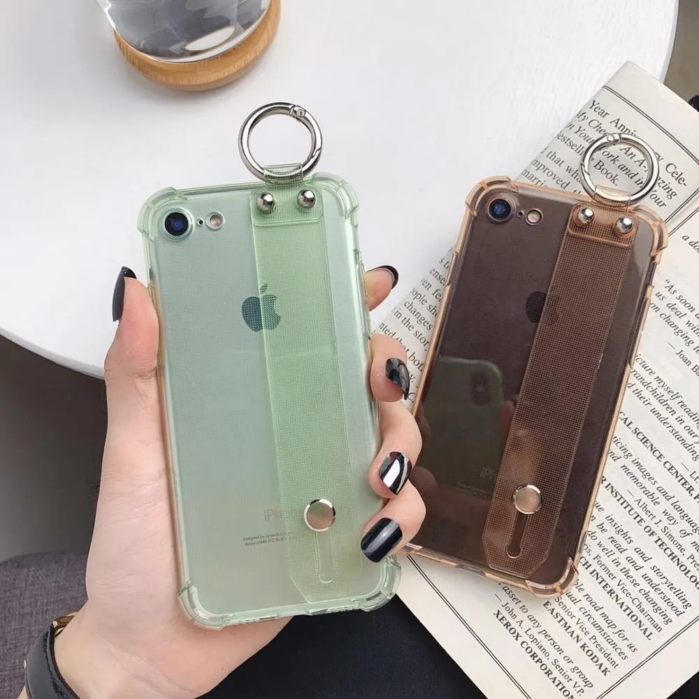 Colorful Transparent Wrist Strap Phone Case For iPhone XS Max XR Stand Holder Case For iPhone 6 6s 7 8 Plus Clear Silicone Cover