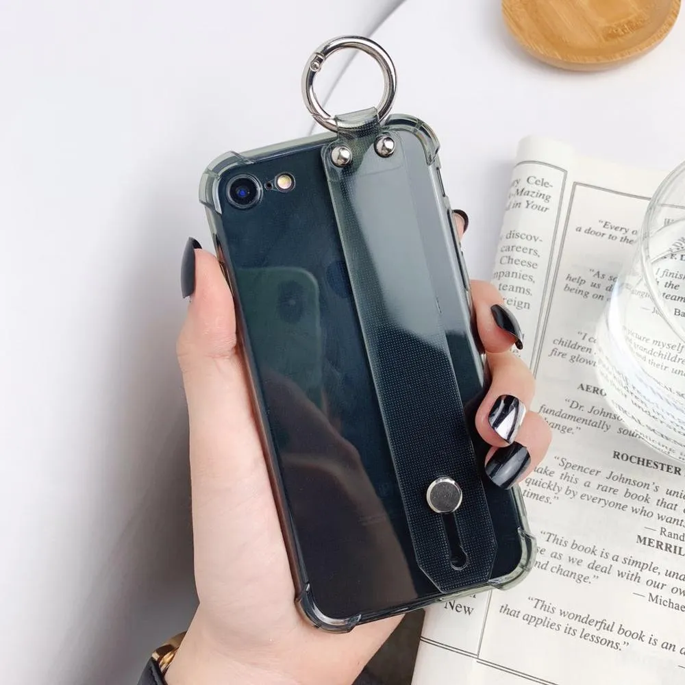 Colorful Transparent Wrist Strap Phone Case For iPhone XS Max XR Stand Holder Case For iPhone 6 6s 7 8 Plus Clear Silicone Cover