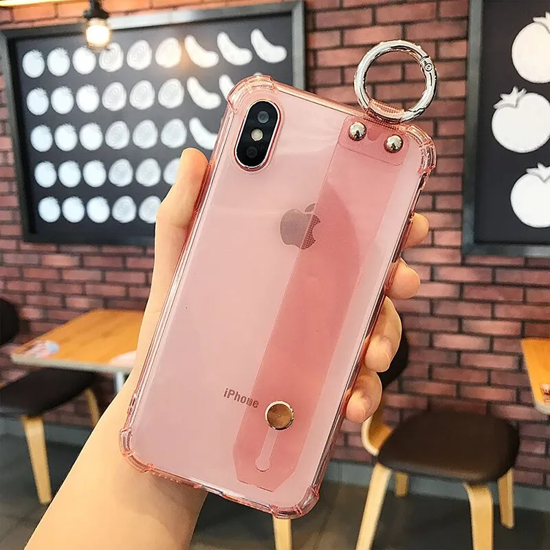 Colorful Transparent Wrist Strap Phone Case For iPhone XS Max XR Stand Holder Case For iPhone 6 6s 7 8 Plus Clear Silicone Cover