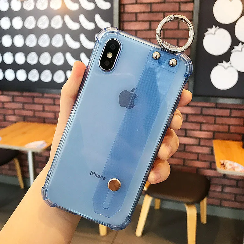 Colorful Transparent Wrist Strap Phone Case For iPhone XS Max XR Stand Holder Case For iPhone 6 6s 7 8 Plus Clear Silicone Cover