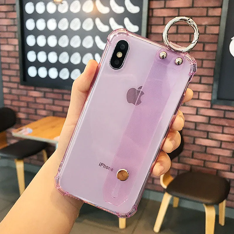 Colorful Transparent Wrist Strap Phone Case For iPhone XS Max XR Stand Holder Case For iPhone 6 6s 7 8 Plus Clear Silicone Cover