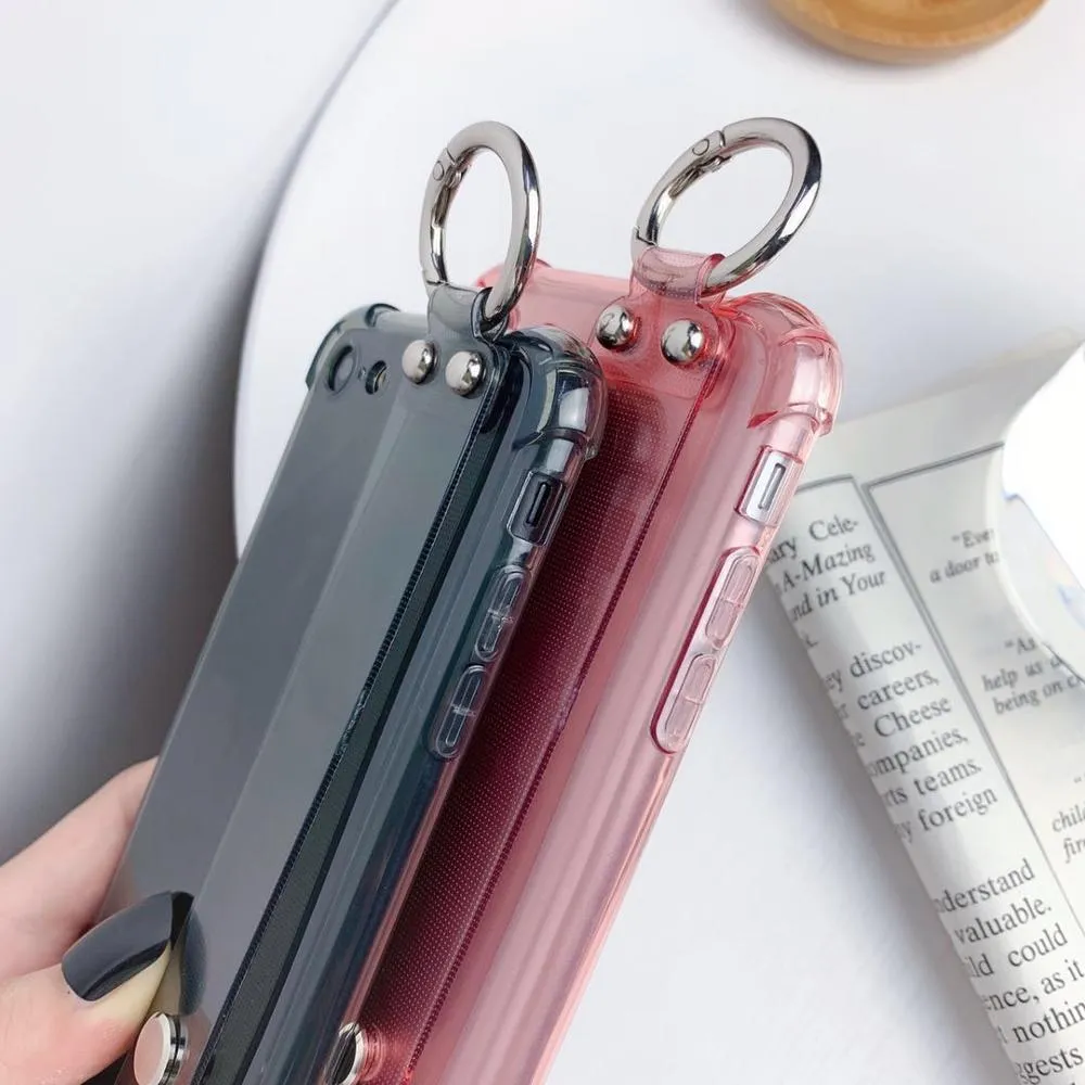 Colorful Transparent Wrist Strap Phone Case For iPhone XS Max XR Stand Holder Case For iPhone 6 6s 7 8 Plus Clear Silicone Cover