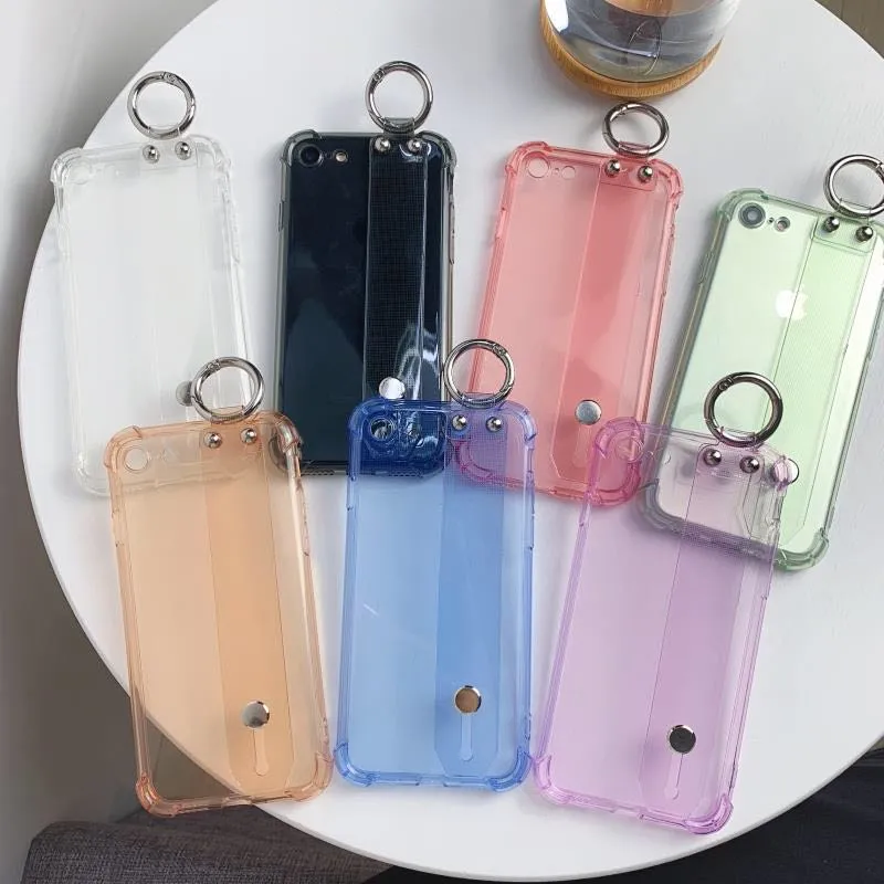 Colorful Transparent Wrist Strap Phone Case For iPhone XS Max XR Stand Holder Case For iPhone 6 6s 7 8 Plus Clear Silicone Cover