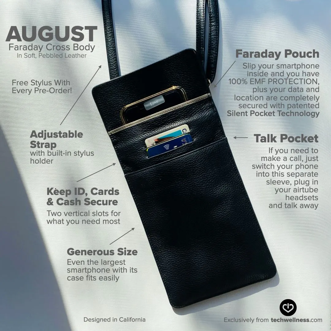 Cross Body Leather Phone Case With EMF Protection: Our Exclusive AUGUST Crossbody Faraday Bag--Stylish Radiation Protection, RFID Credit Card Slots, Plus A Place For Your Essentials