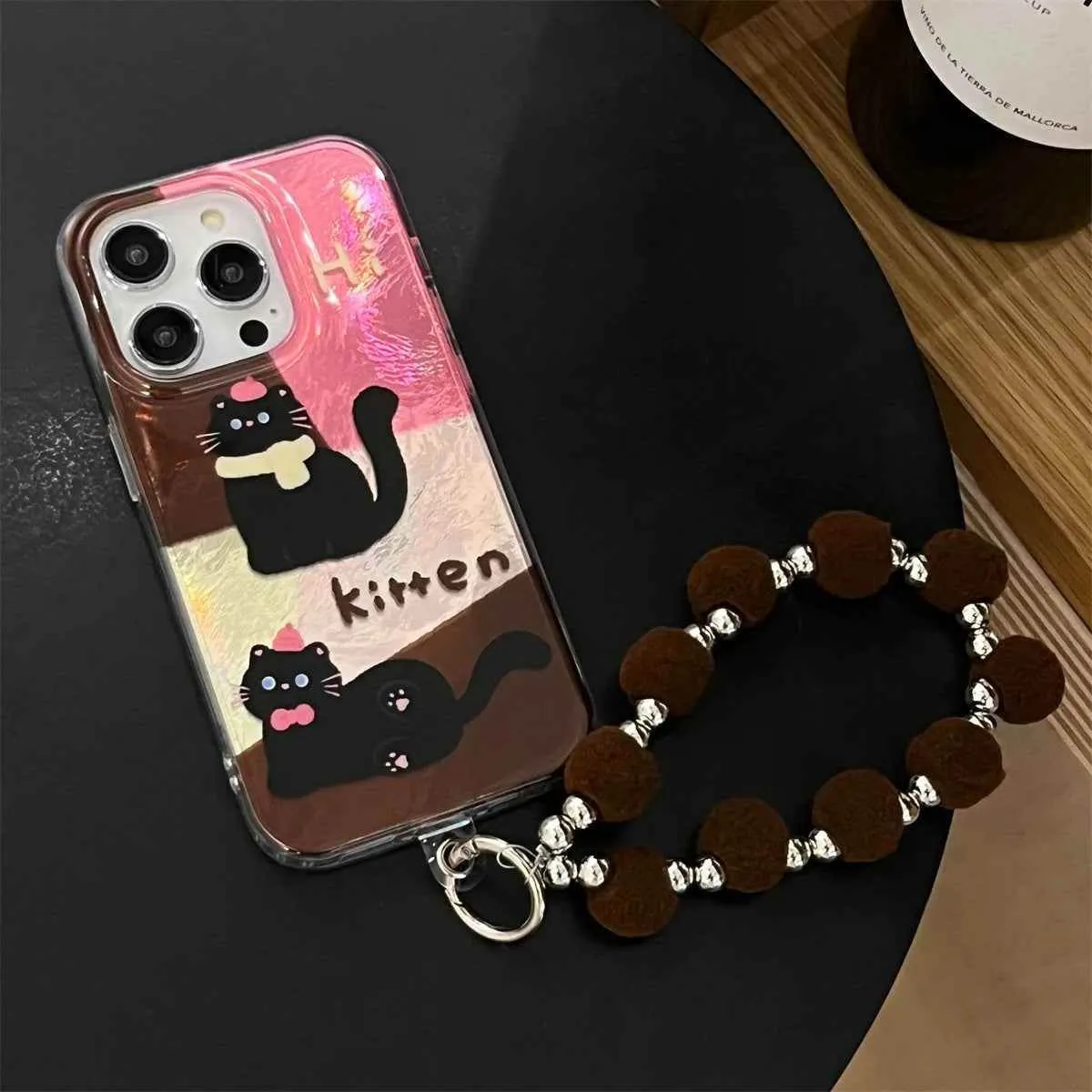 Cute Phone Case for iPhone 13, 14, 15, and 16 Pro Max - Cat Splicing Lattice Design with Hairball Wristband - TSP443