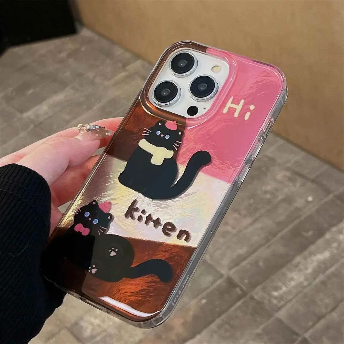 Cute Phone Case for iPhone 13, 14, 15, and 16 Pro Max - Cat Splicing Lattice Design with Hairball Wristband - TSP443