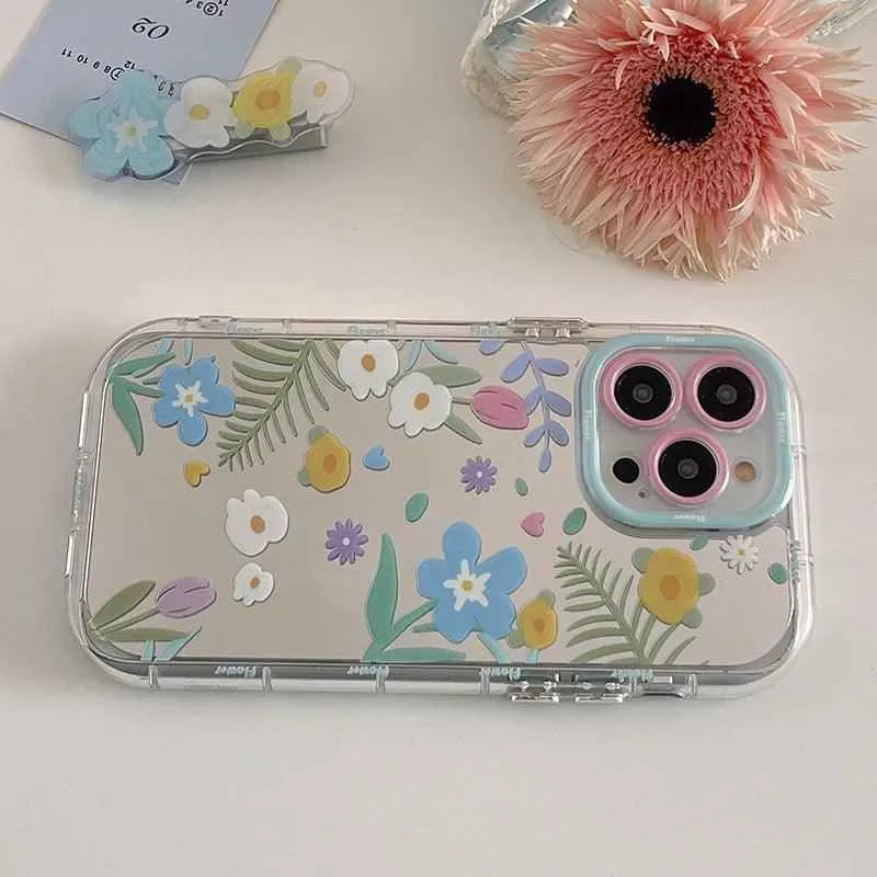 Cute Phone Cases - Floral Makeup Mirror with Stand for iPhone 15/14/13/12 Pro Max - TSP287