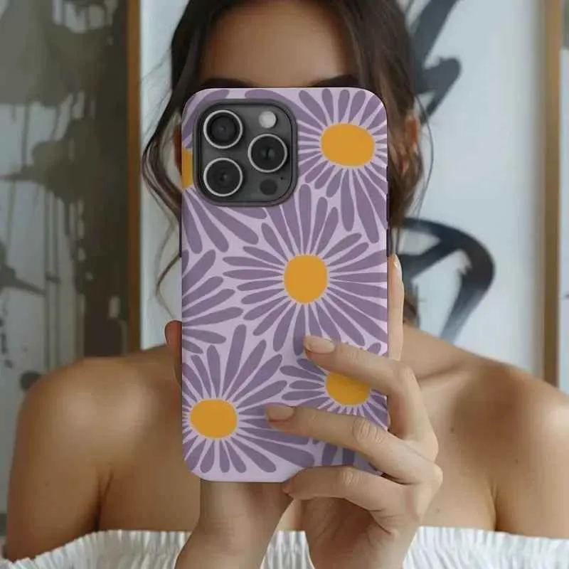 Cute Phone Cases for iPhone 16 Pro Max, 15, 14, 13, 12, and 11 Pro Plus - Purple Daisy Floral Acrylic Cover - TSP509