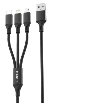 E-Root 3-In-1 Micro USB Type-C Lightning Data Sync And Charging Cable Black