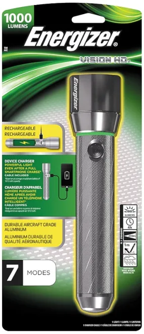 Energizer ENPMHRL7 Rechargeable Flashlight, Lithium-Ion Battery, 1000 Lumens Lumens, 200 m Beam Distance, 4 hr Run Time :CD: QUANTITY: 1