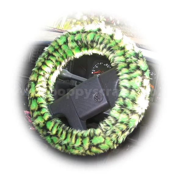 Green Crocodile print fuzzy car steering wheel cover