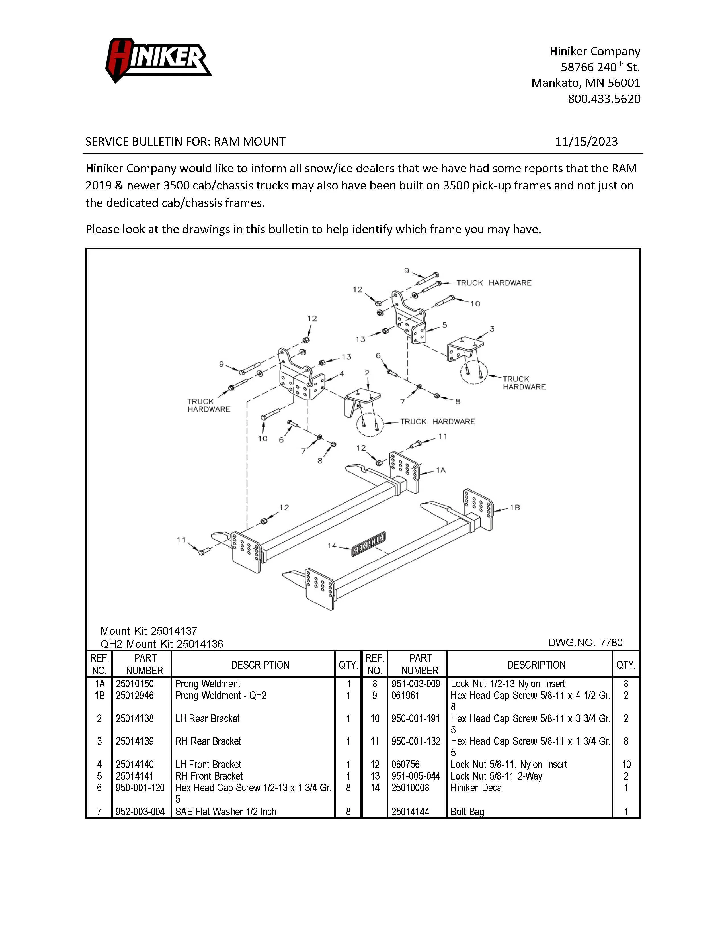 Hiniker Snowplow Mount - Quick Hitch 2 (QH2), 2019 & Newer Dodge/ RAM 4x4 3500-5500 Cab & Chassis, 25014136