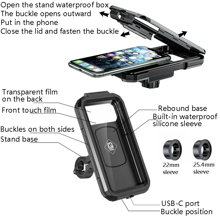 Kewig Bicycle Motorcycle Waterproof Box Mobile Phone Bracket Riding Touch Mobile Phone Fixed Seat(M18S-B1 Small Handlebar Installation)