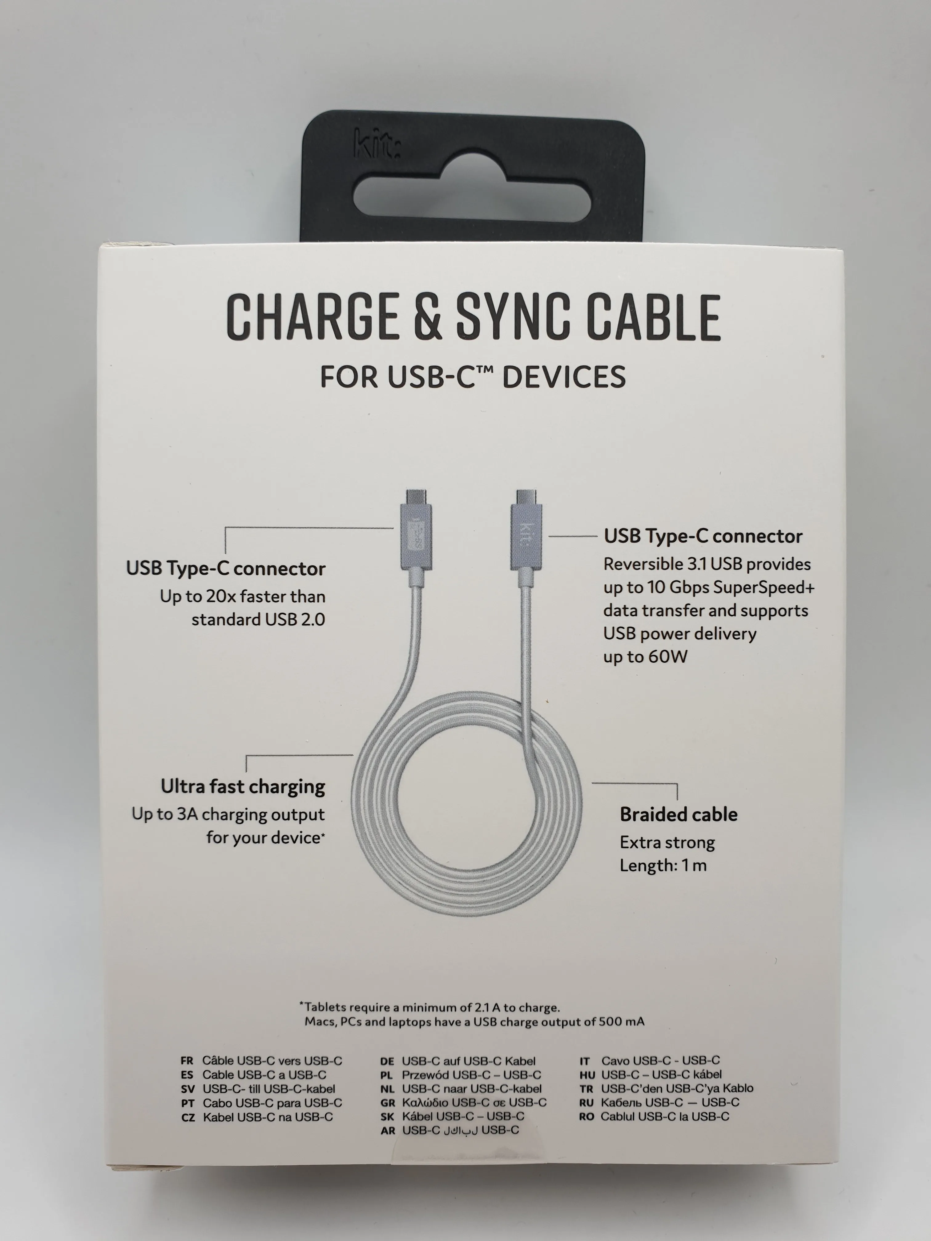 Kit USB-C To USB-C Cable Sync & Charge Ultra Fast Data Transfer Braided Durable 1 Metre Fast Charging