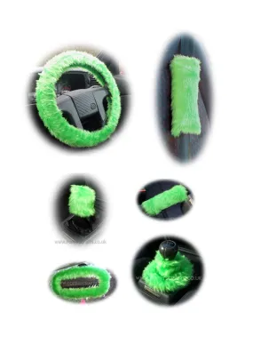 Large 7 Piece Lime Green fluffy car accessories set faux fur