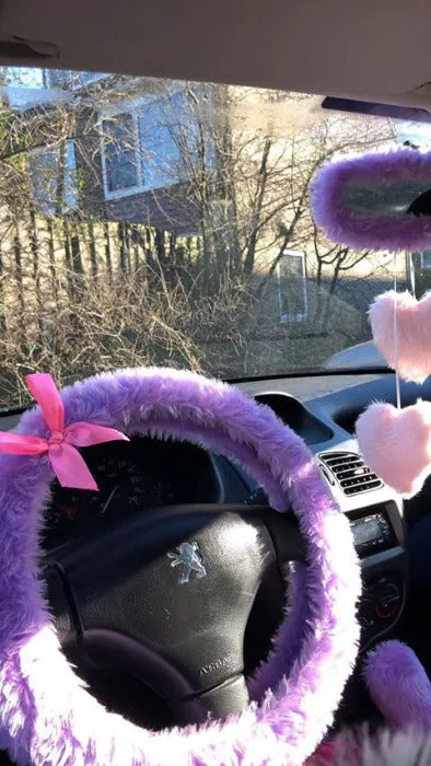 Lilac fuzzy car steering wheel cover with Barbie Pink Satin Bow