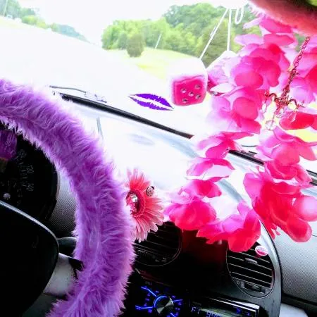 Lilac fuzzy car steering wheel cover with Barbie Pink Satin Bow