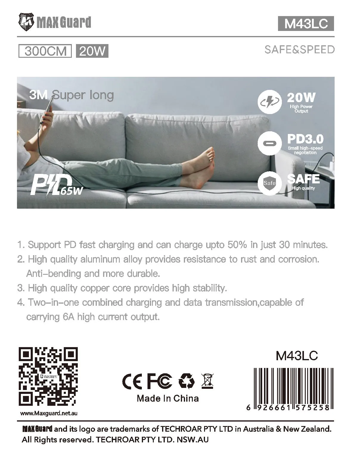 MaxGuard M43LC Lightning to Type c Cable with PD65W 3m