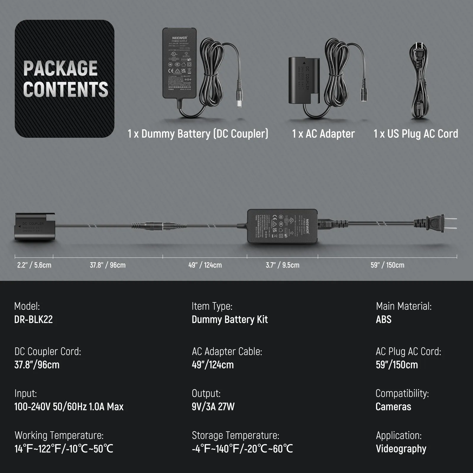 NEEWER DMW-BLK22 AC Power Supply Adapter and DC Coupler Dummy Battery Kit