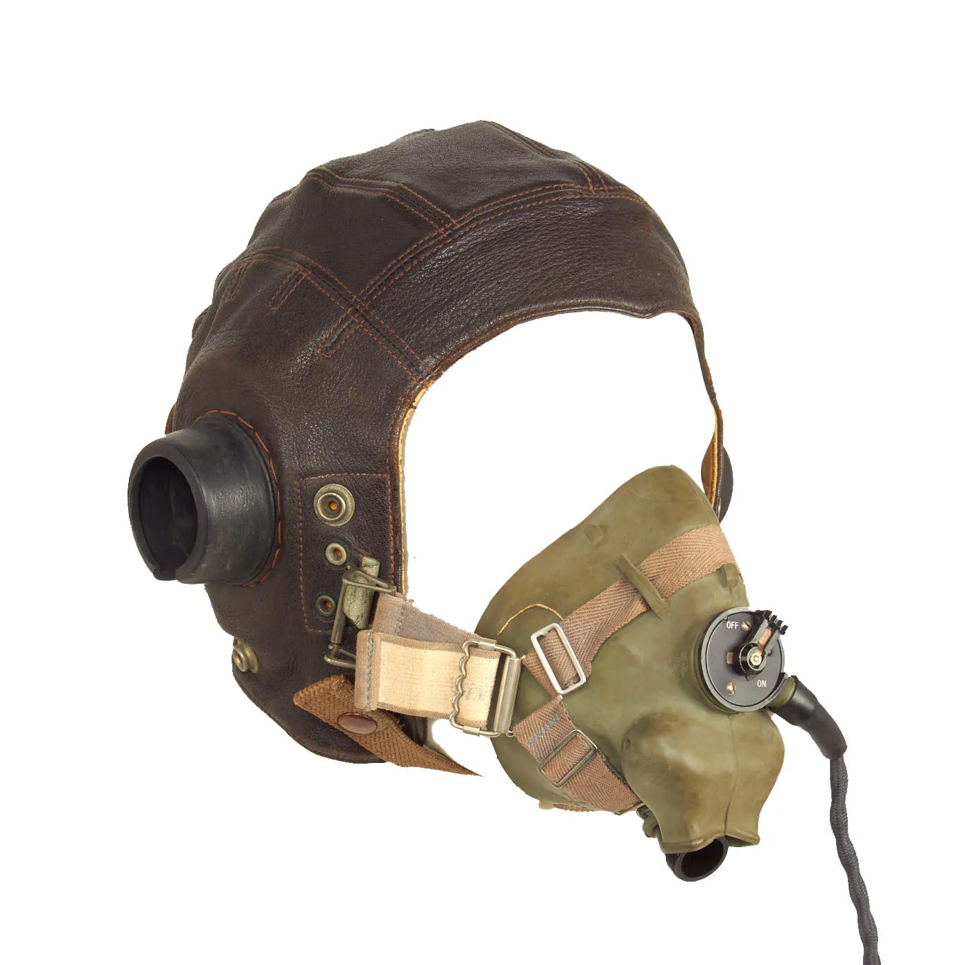 Original British WWII RAF 2nd Pattern Type C Leather Flying Helmet with Early Post War Oxygen Mask