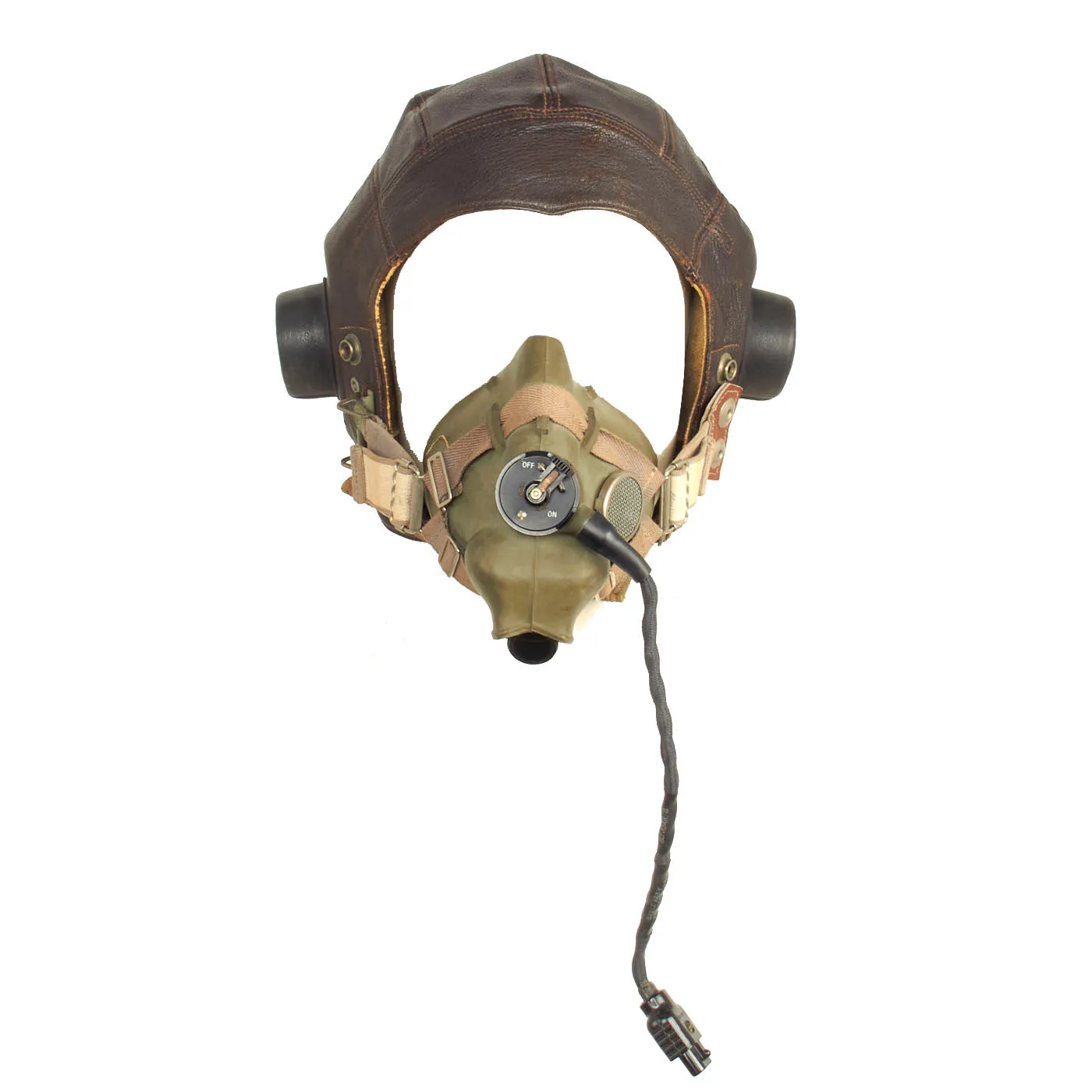 Original British WWII RAF 2nd Pattern Type C Leather Flying Helmet with Early Post War Oxygen Mask