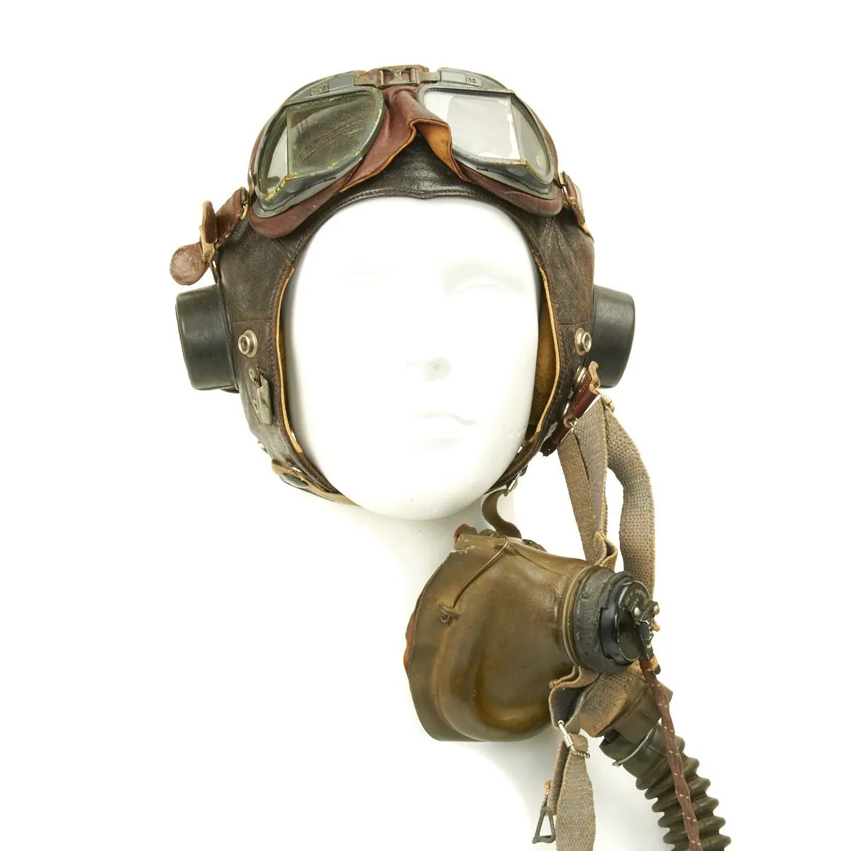 Original British WWII RAF Named Type C Leather Flying Helmet with Mk VIII Goggles and Oxygen Mask