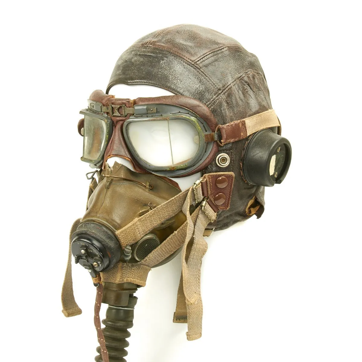 Original British WWII RAF Named Type C Leather Flying Helmet with Mk VIII Goggles and Oxygen Mask