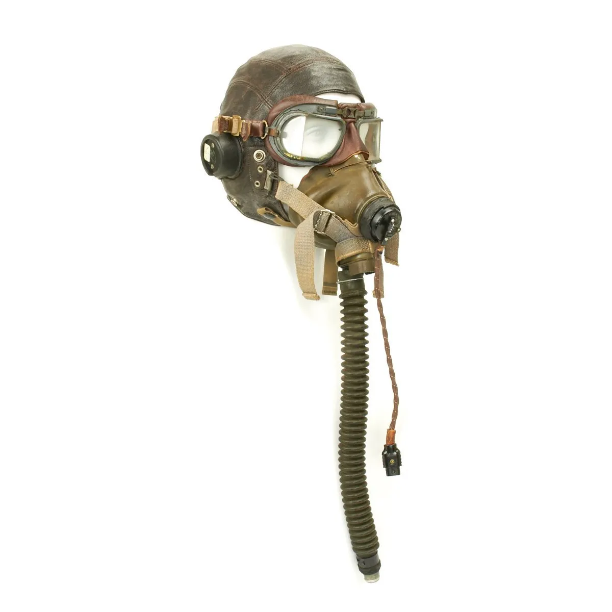 Original British WWII RAF Named Type C Leather Flying Helmet with Mk VIII Goggles and Oxygen Mask