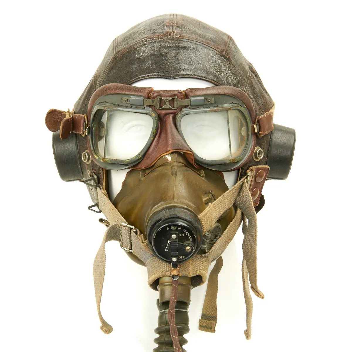 Original British WWII RAF Named Type C Leather Flying Helmet with Mk VIII Goggles and Oxygen Mask