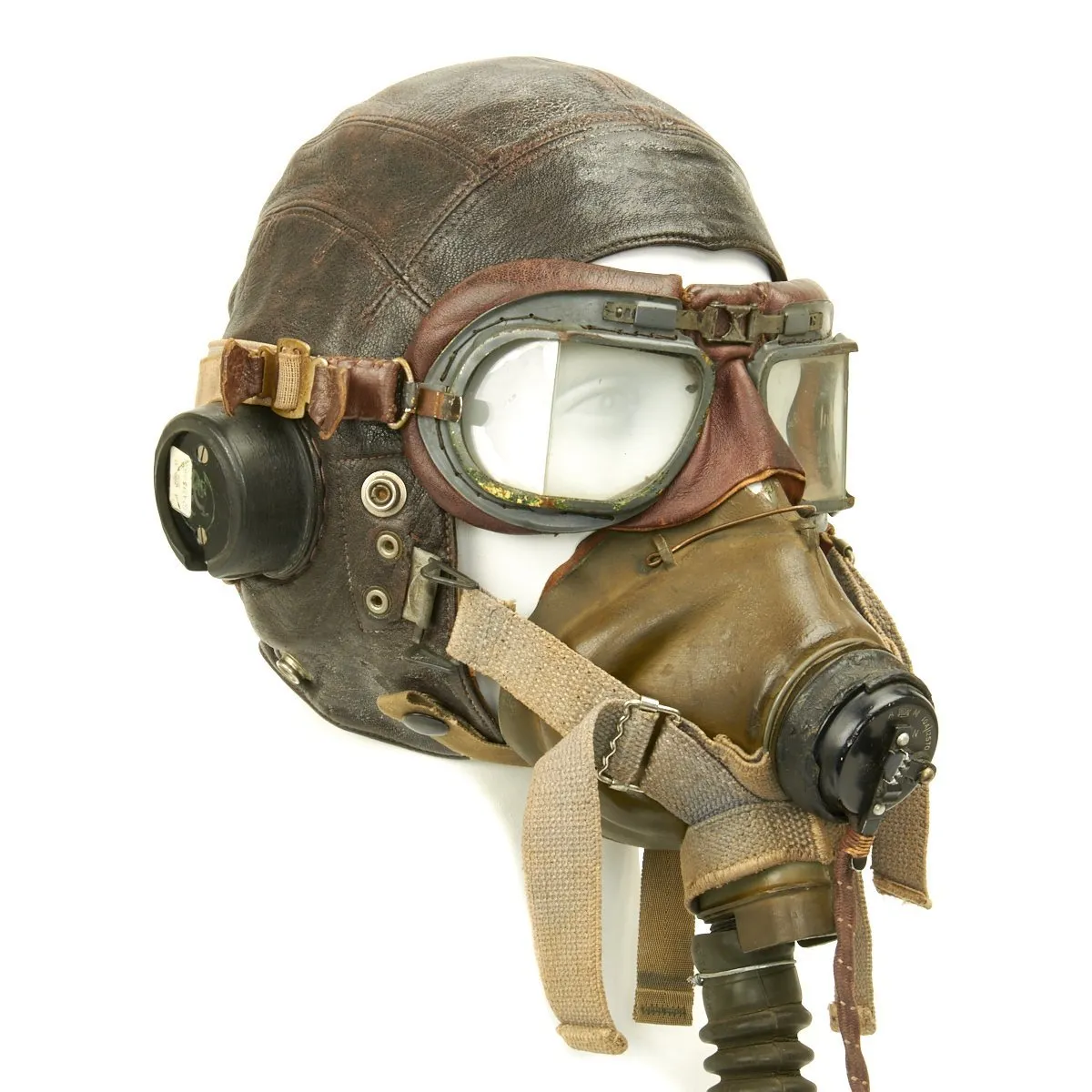 Original British WWII RAF Named Type C Leather Flying Helmet with Mk VIII Goggles and Oxygen Mask