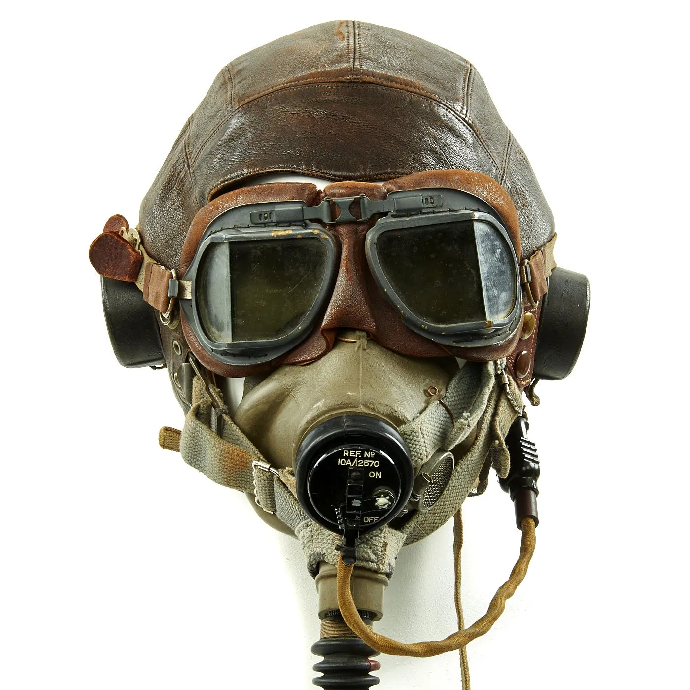 Original British WWII RAF Type C Leather Flying Helmet with Mk VIII Goggles and Oxygen Mask