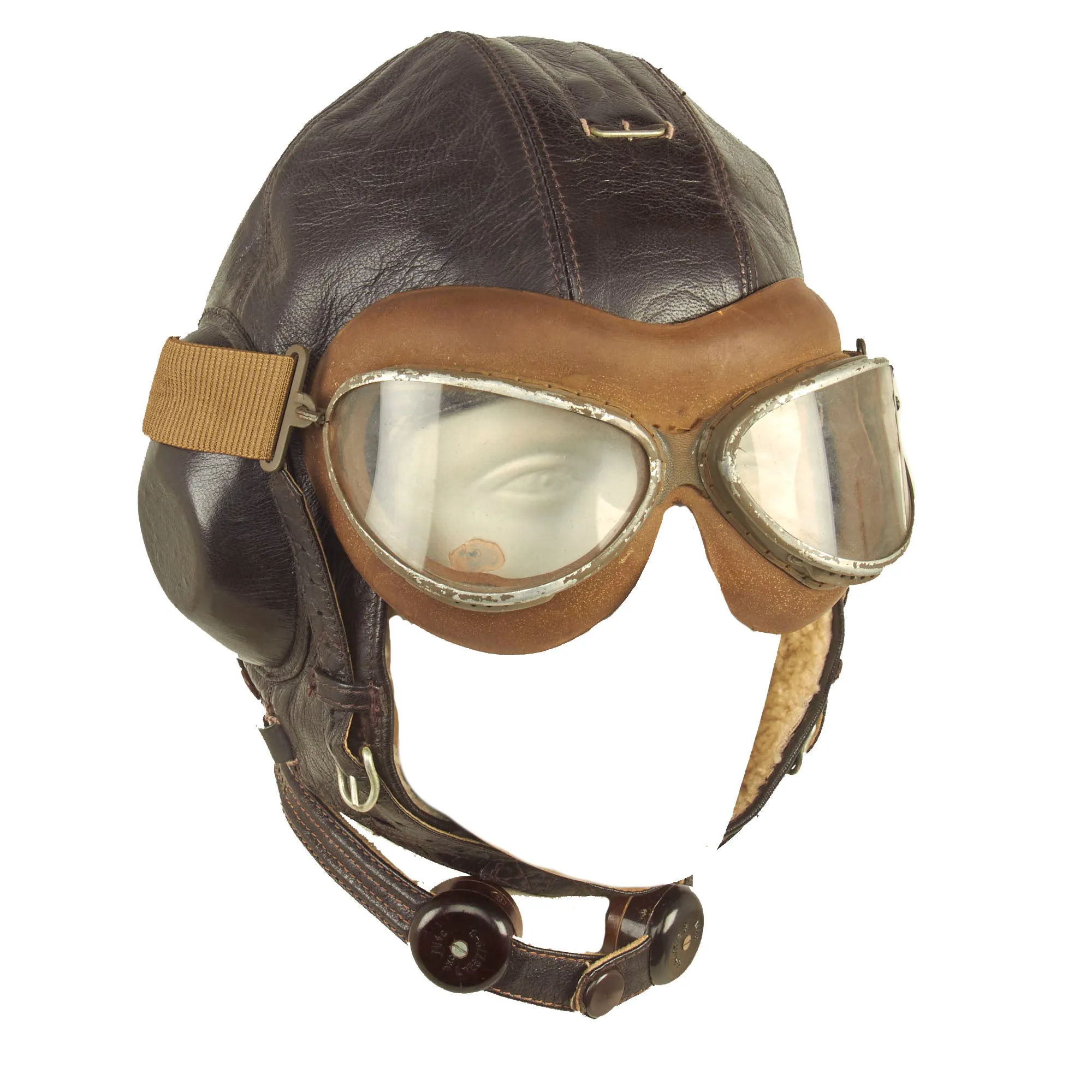 Original German WWII Luftwaffe LKpW101 Leather Winter Flying Helmet by DeTeWe with Avionics & Goggles - Size 57cm