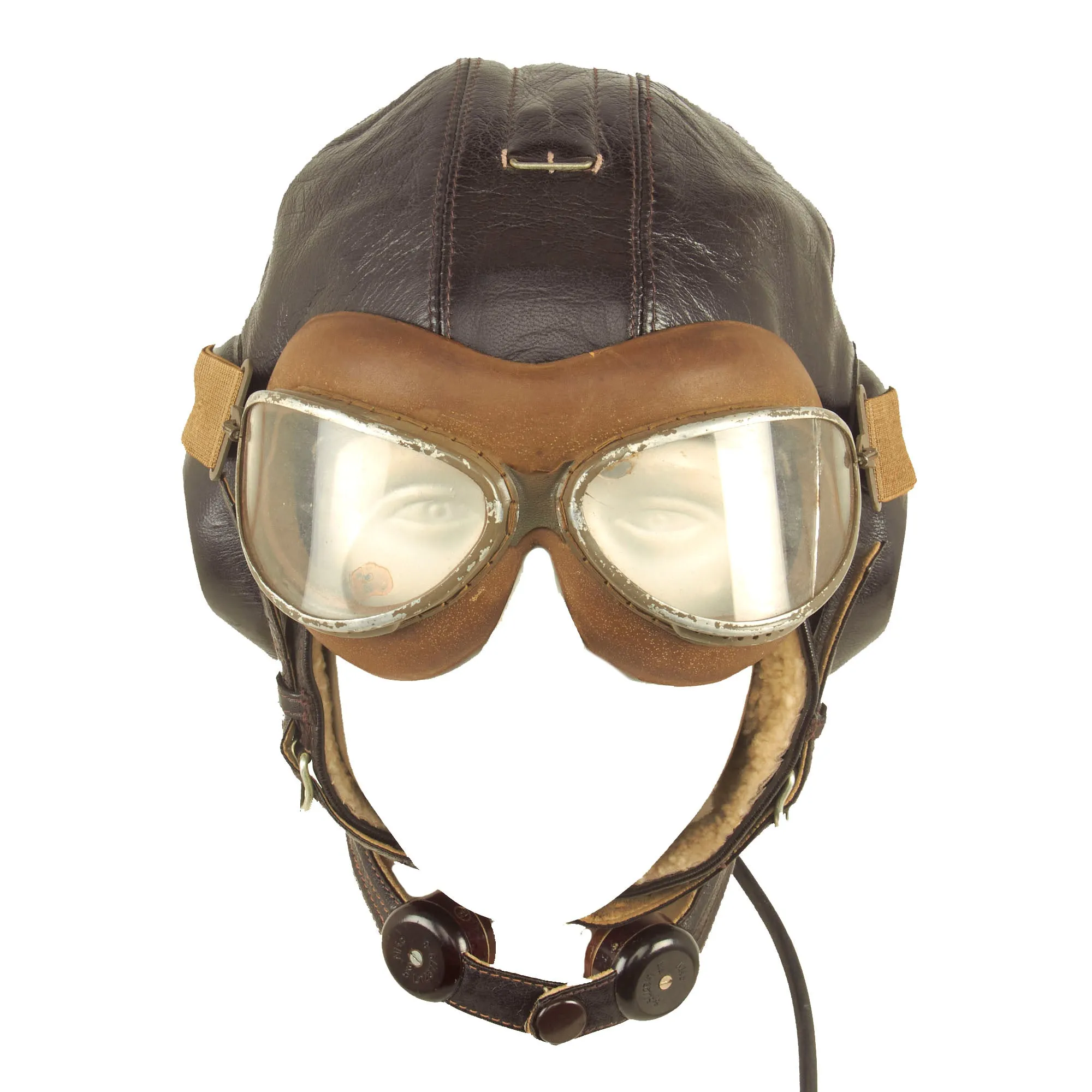 Original German WWII Luftwaffe LKpW101 Leather Winter Flying Helmet by DeTeWe with Avionics & Goggles - Size 57cm