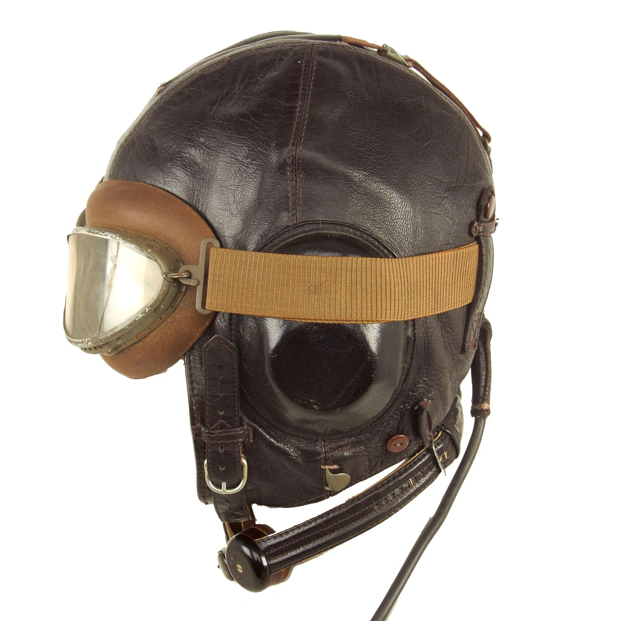 Original German WWII Luftwaffe LKpW101 Leather Winter Flying Helmet by DeTeWe with Avionics & Goggles - Size 57cm