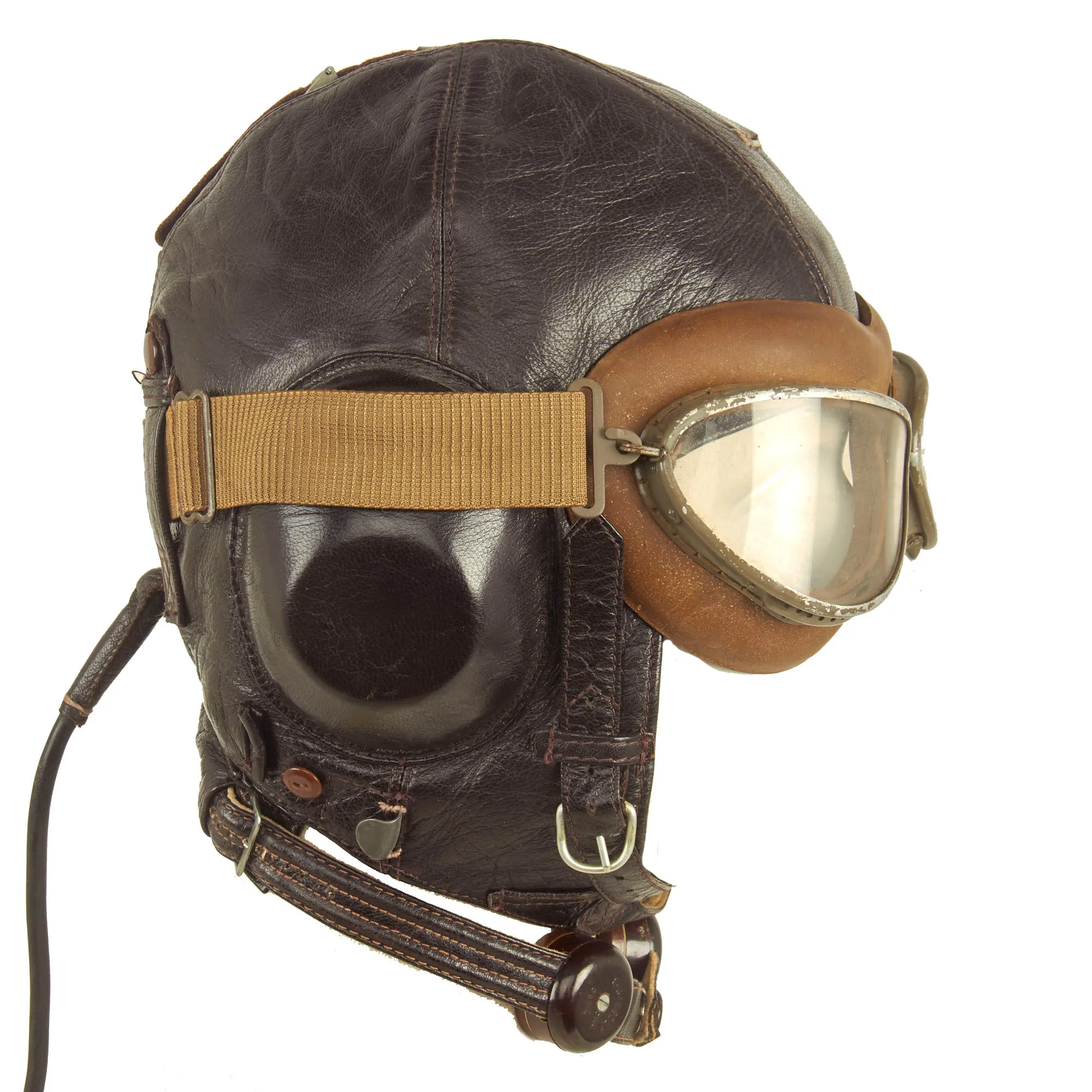 Original German WWII Luftwaffe LKpW101 Leather Winter Flying Helmet by DeTeWe with Avionics & Goggles - Size 57cm