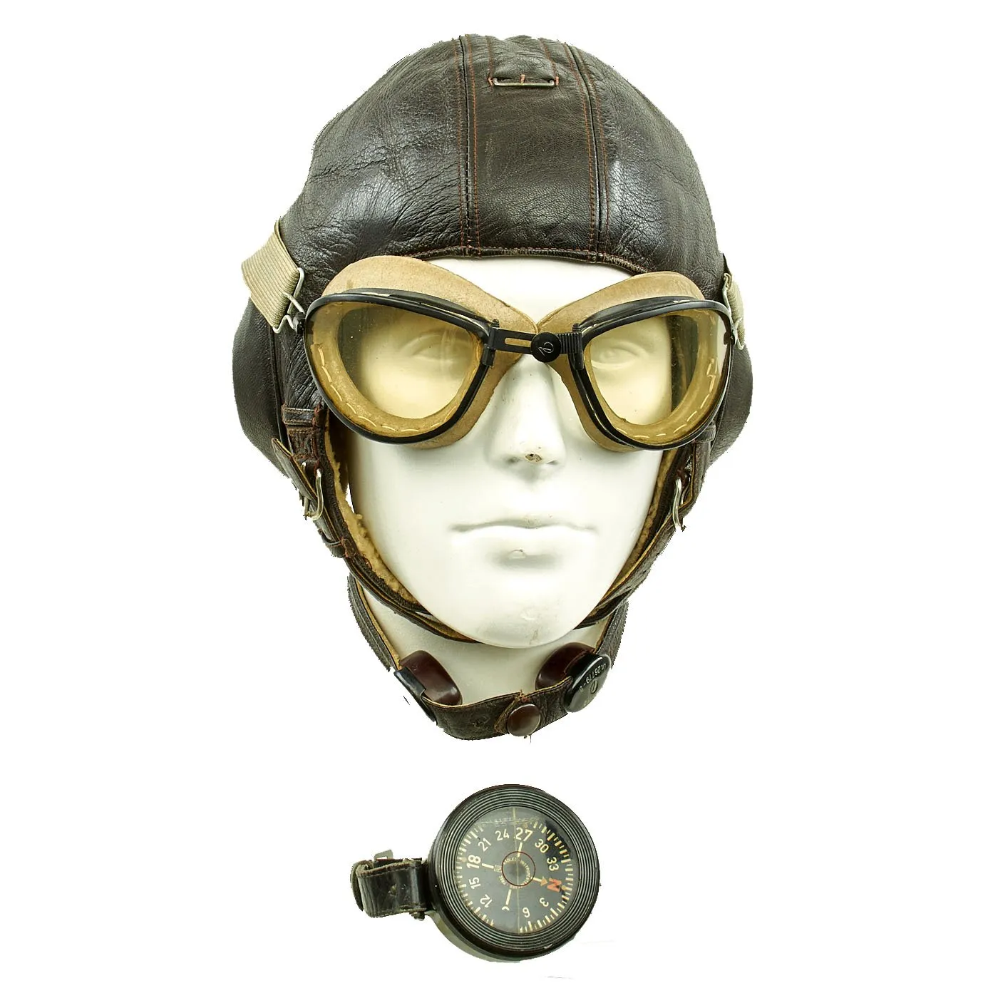 Original German WWII Luftwaffe LKpW101 Winter Flying Helmet with Goggles and AK 39 Wrist Compass