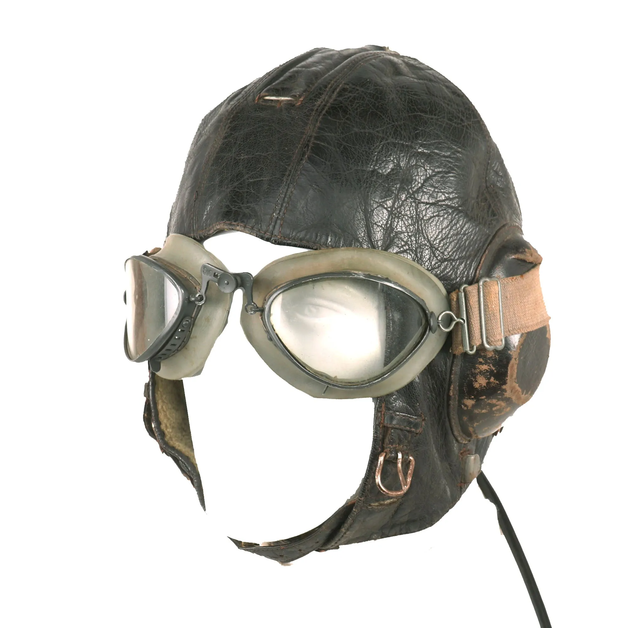 Original German WWII Luftwaffe LKpW101 Winter Flying Helmet with Headphones & Goggles