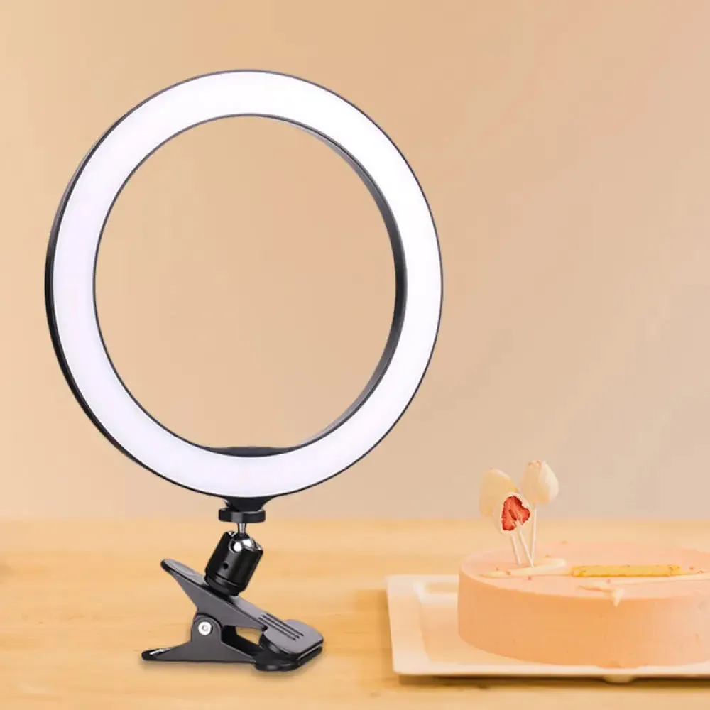 Portable Black Circle Clip-on Vanity Light Mobile Phone Holder with LED Fill Lamp (6"/8" Dia)