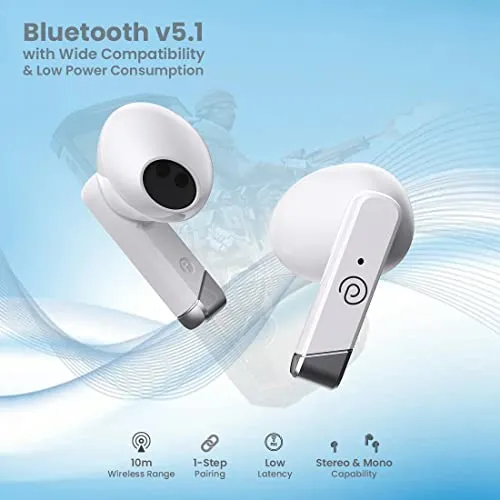 pTron Bassbuds Fute 5.1 Bluetooth Truly Wireless Featherlite TWS in Ear Earbuds with Mic, 25Hrs Playtime, 13mm Driver, Immersive Audio Headphones, Touch Control, Voice Assist & Fast Charging (White)