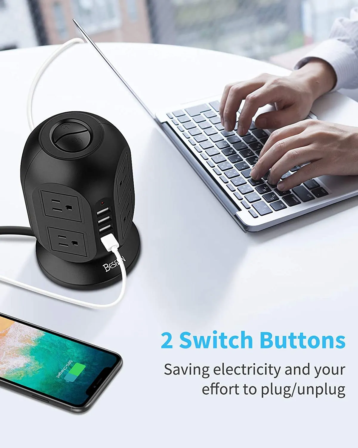 "Premium Tower Power Strip Surge Protector with Extended Cord – Safely and Efficiently Charge All Your Devices!"