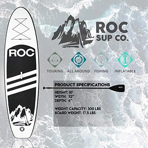 Roc Inflatable Stand Up Paddle Boards W Free Premium SUP Accessories & Backpack, Non-Slip Deck Bonus Waterproof Bag, Leash, Paddle and Hand Pump (Black)