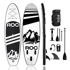 Roc Inflatable Stand Up Paddle Boards W Free Premium SUP Accessories & Backpack, Non-Slip Deck Bonus Waterproof Bag, Leash, Paddle and Hand Pump (Black)