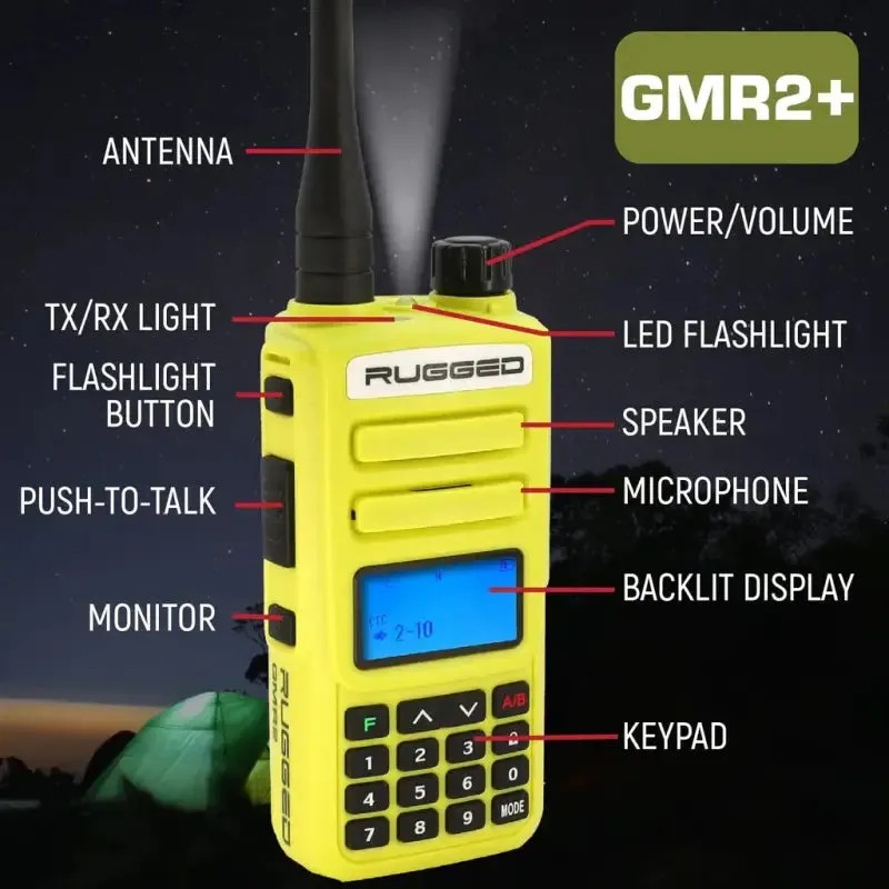 Rugged Radios GMR2 PLUS GMRS and FRS Two Way Handheld Radio - High Visibility Safety Yellow