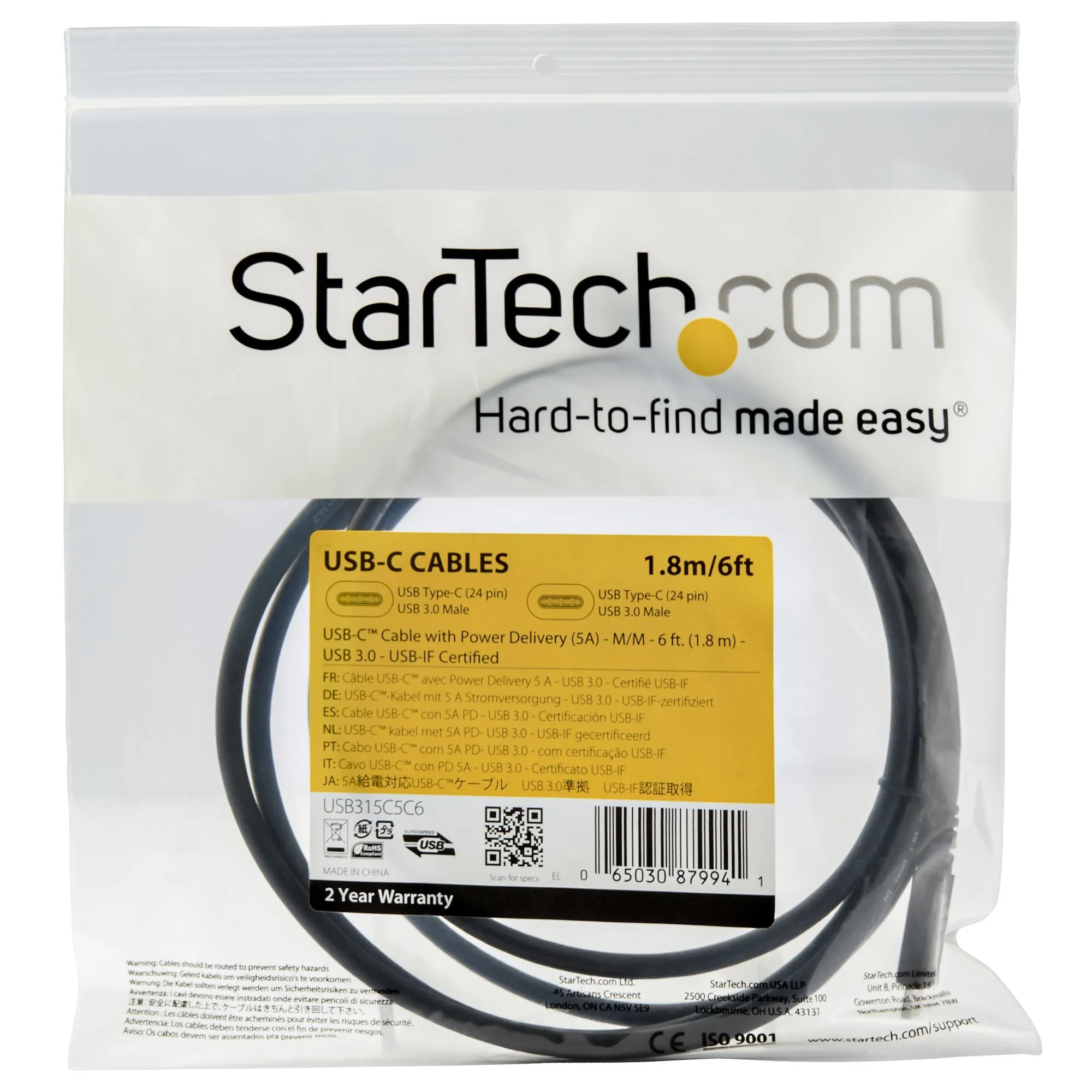 Startech.Com Usb C To Usb C Cable - 6 Ft / 1.8M - 5A Pd - Usb-If Certified - M/M - Usb 3.0 5Gbps - Usb C Charging Cable