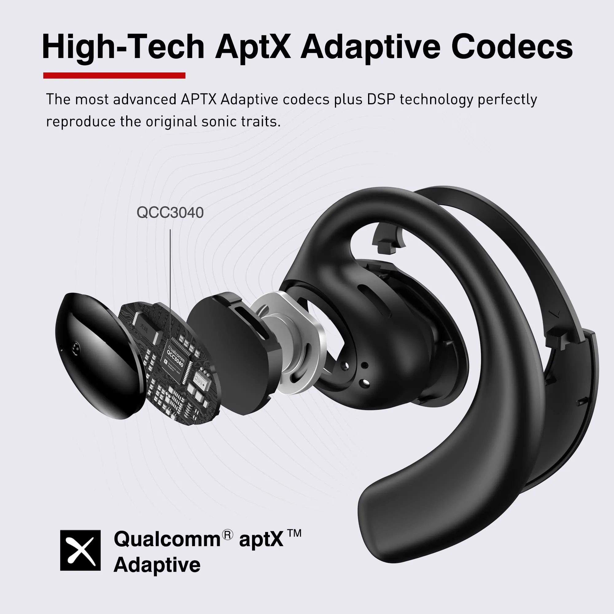 TRANYA Open Ear Bluetooth Headphones, Wireless Earbuds with APTX Adaptive Sound 16MM Large Driver, CVC8.0 Noise Cancellation, IPX5 Waterproof Sports Earbuds with 32H Playtime for Workout