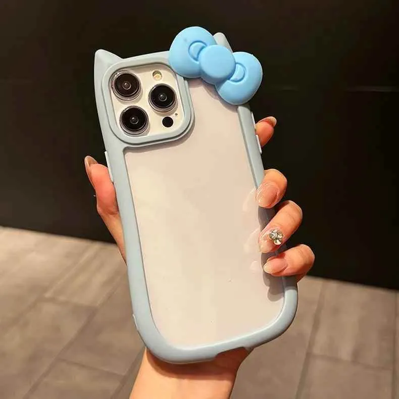 TSP197 Cute Phone Cases For iPhone 15, 14, 13, 12, and 11 Pro Max Plus - 3D Bowknot and Cat Ears Pattern